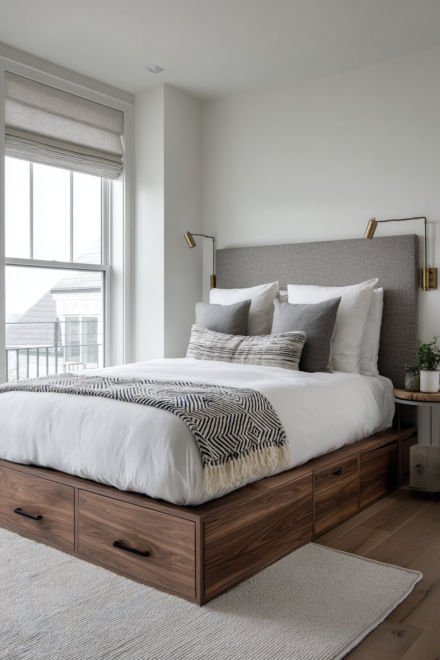 Walnut platform bed with low storage drawers, charcoal wall panel and brushed nickel swing-arm lights
