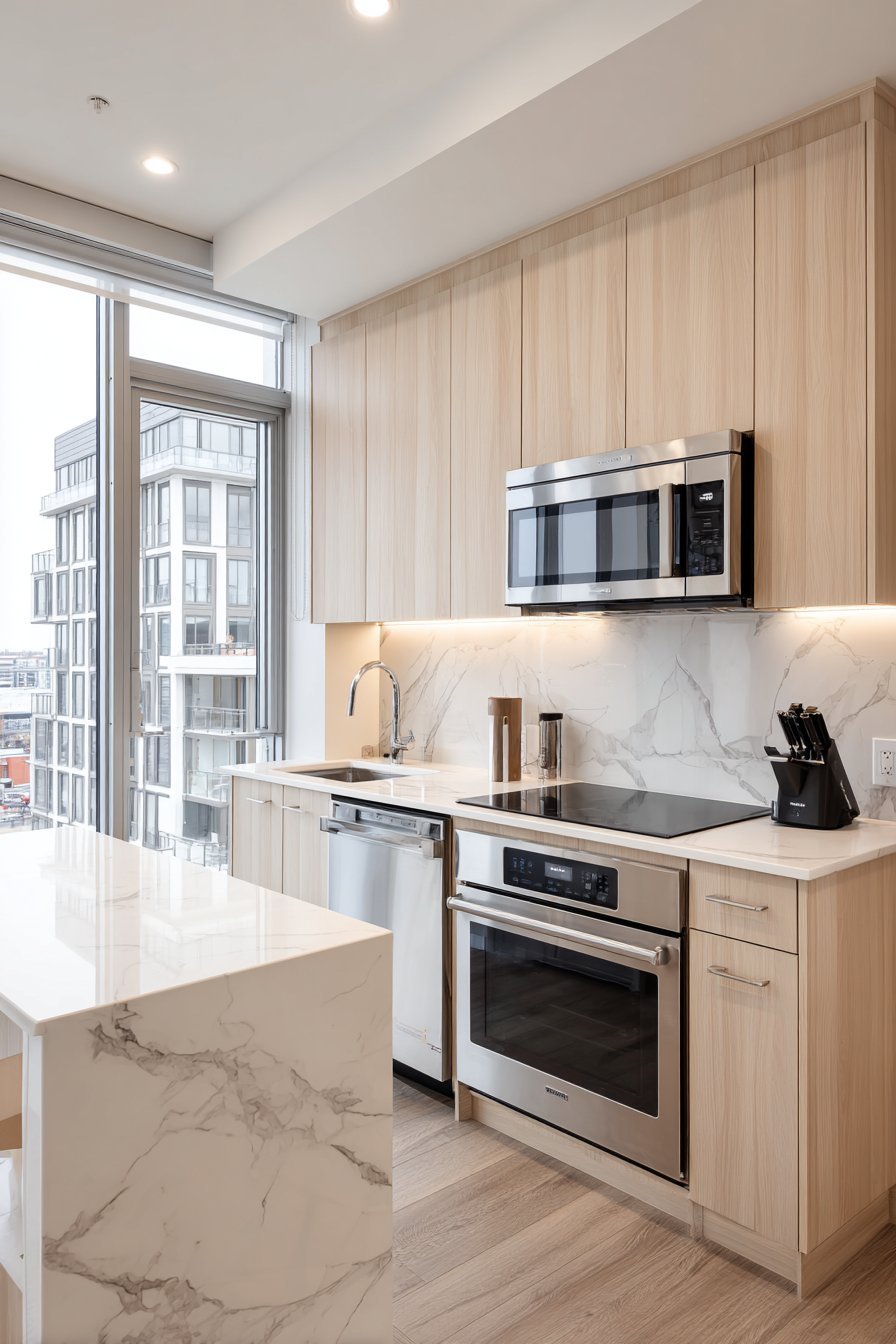 Dishwasher drawer and built-in microwave drawer in a light maple kitchen with white quartz counters