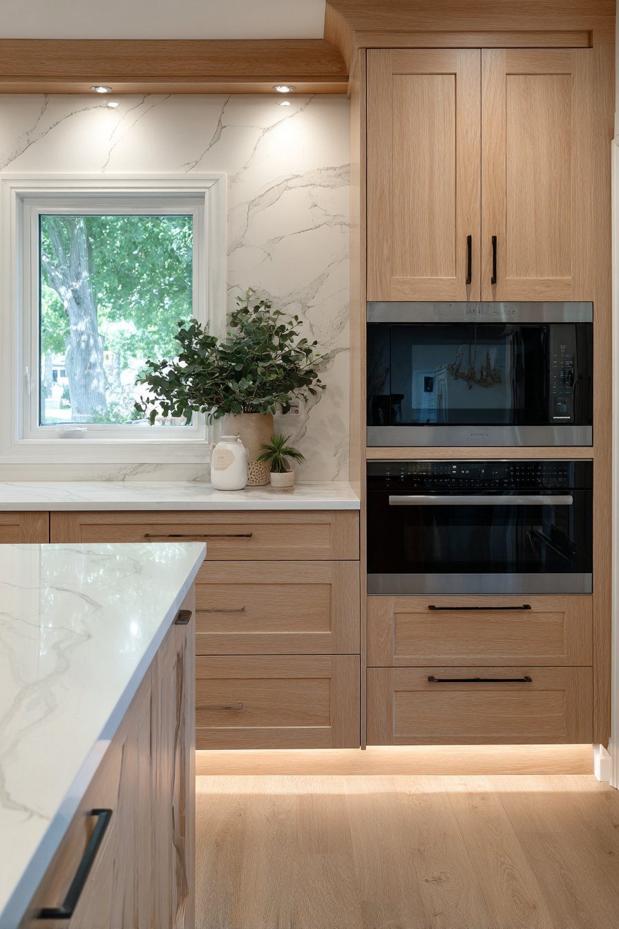 Dishwasher drawer and built-in microwave drawer in a light maple kitchen with white quartz counters