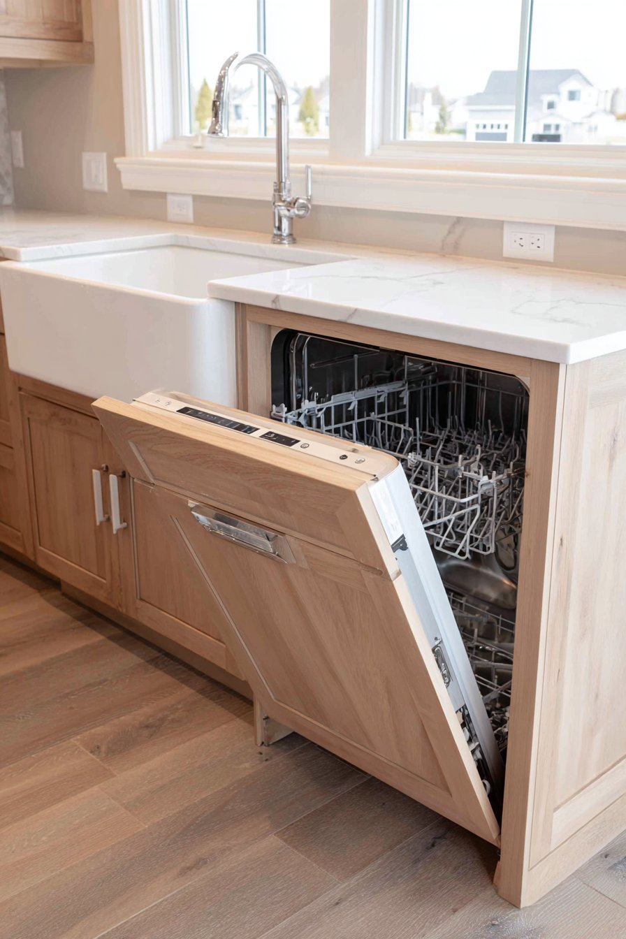 Dishwasher drawer and built-in microwave drawer in a light maple kitchen with white quartz counters