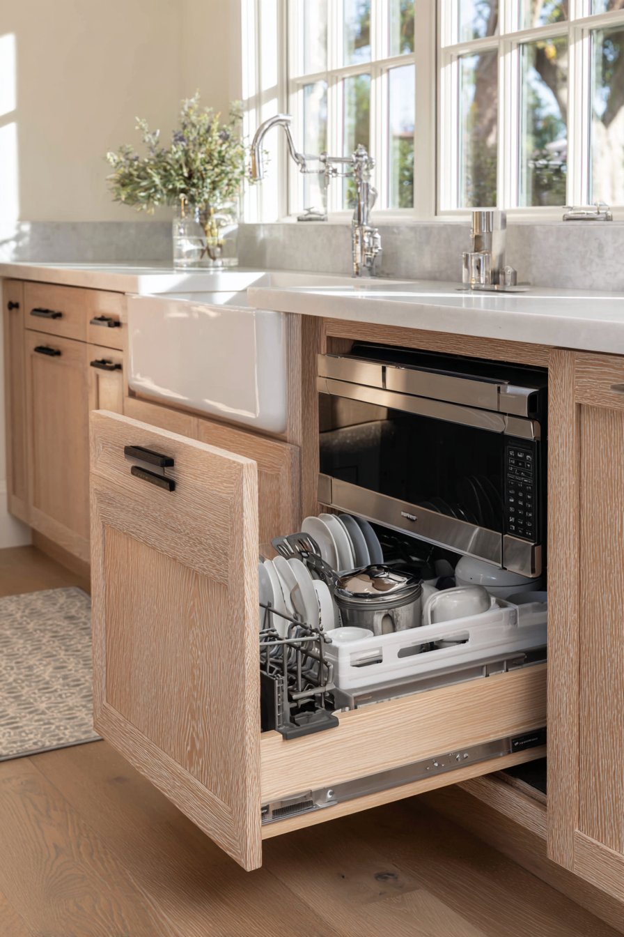 Dishwasher drawer and built-in microwave drawer in a light maple kitchen with white quartz counters