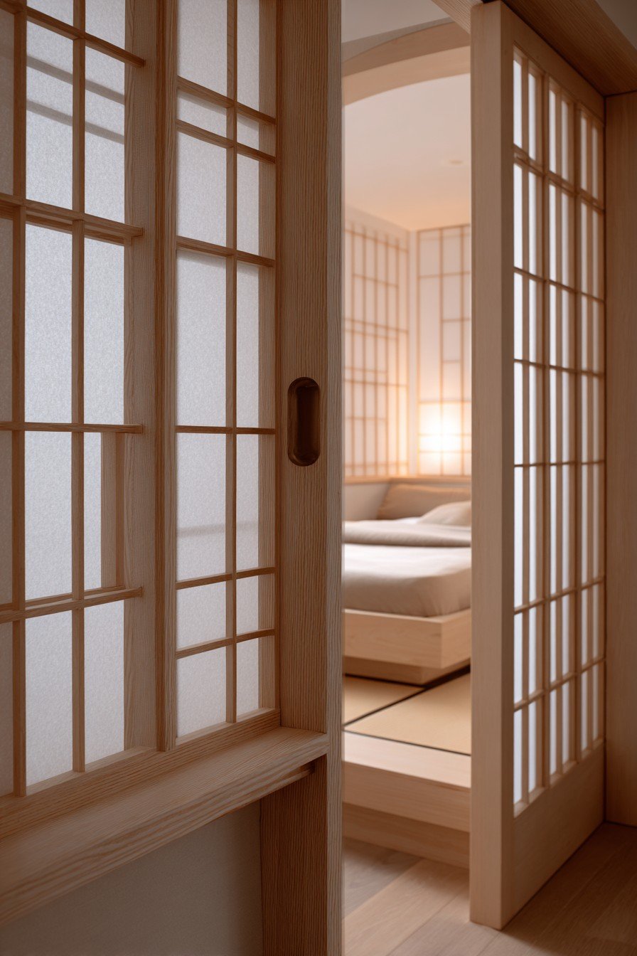 Sliding shoji door with rice paper panels in an ash wood grid, tatami floor and low platform bed