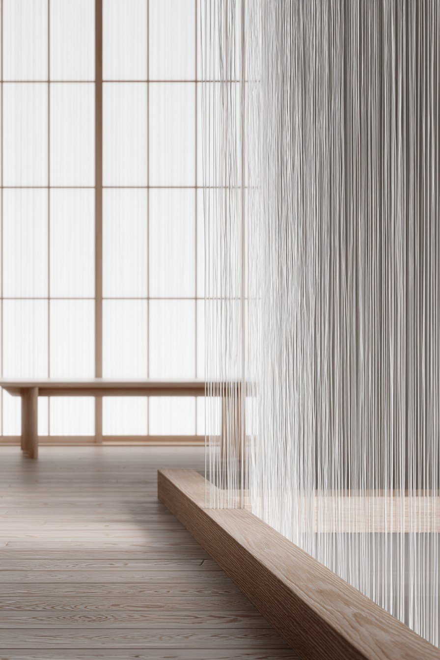 Sliding shoji door with rice paper panels in an ash wood grid, tatami floor and low platform bed