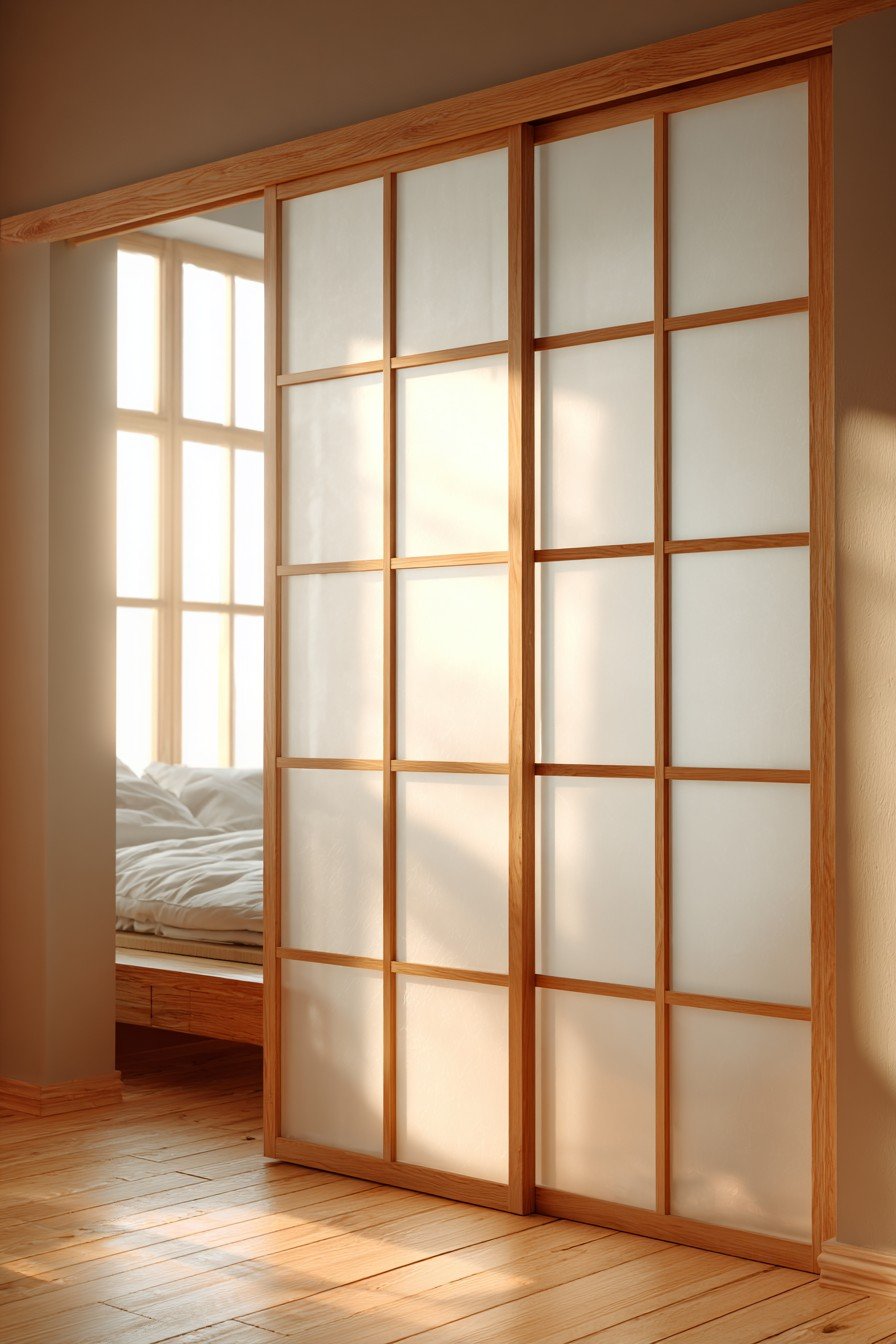 Sliding shoji door with rice paper panels in an ash wood grid, tatami floor and low platform bed