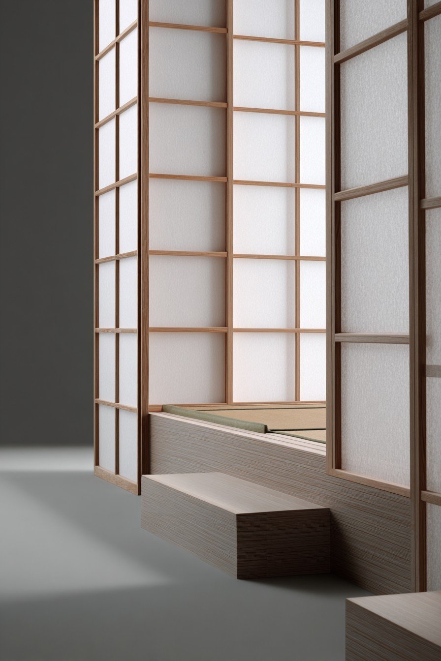 Sliding shoji door with rice paper panels in an ash wood grid, tatami floor and low platform bed