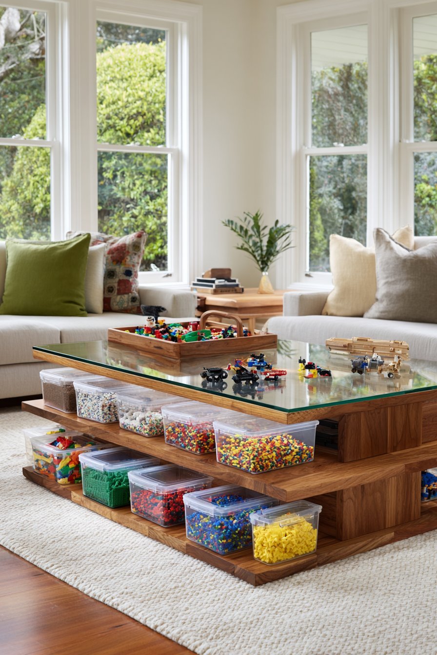 Walnut lift-top glass coffee table revealing compartmented clear Lego containers in a family living room