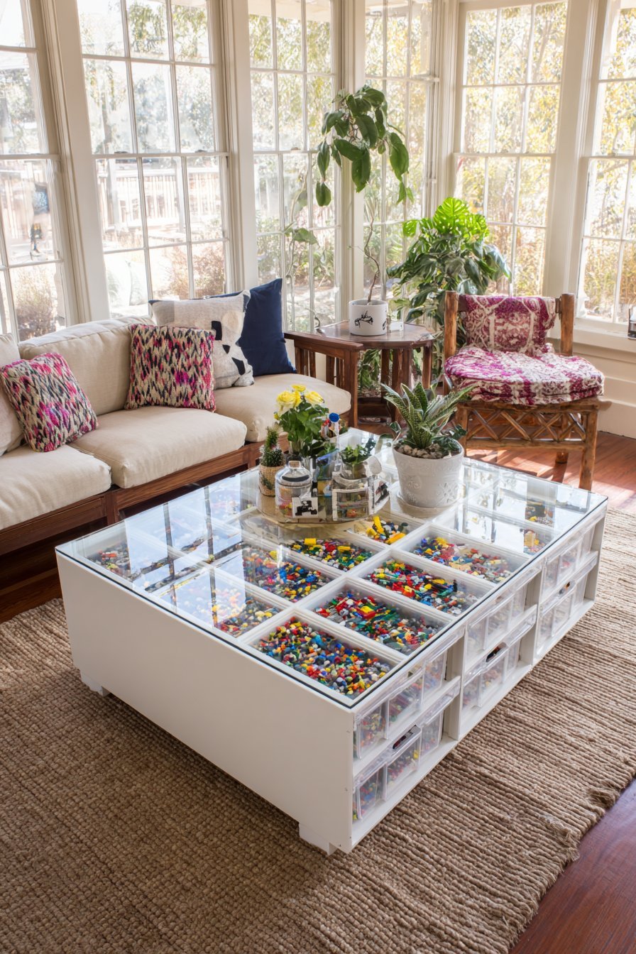Walnut lift-top glass coffee table revealing compartmented clear Lego containers in a family living room