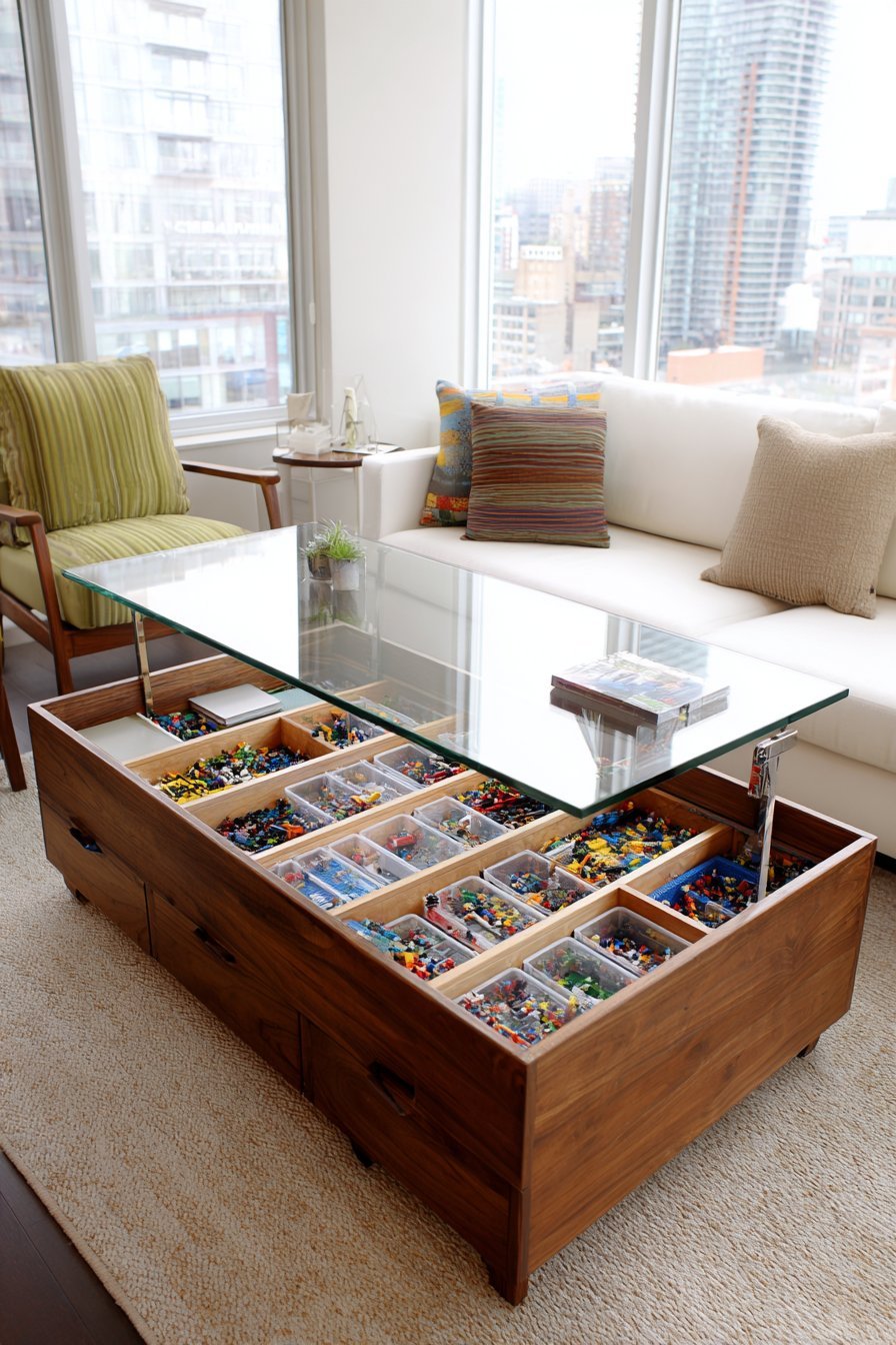 Walnut lift-top glass coffee table revealing compartmented clear Lego containers in a family living room