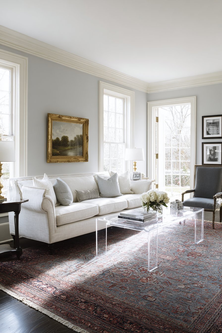 Transitional living room pairing a gilt-framed landscape with black and white photography above a linen sofa
