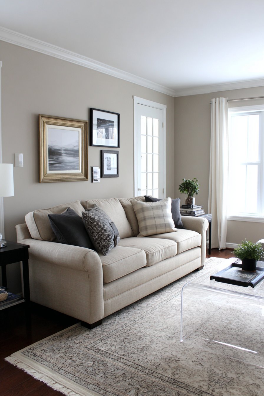 Transitional living room pairing a gilt-framed landscape with black and white photography above a linen sofa