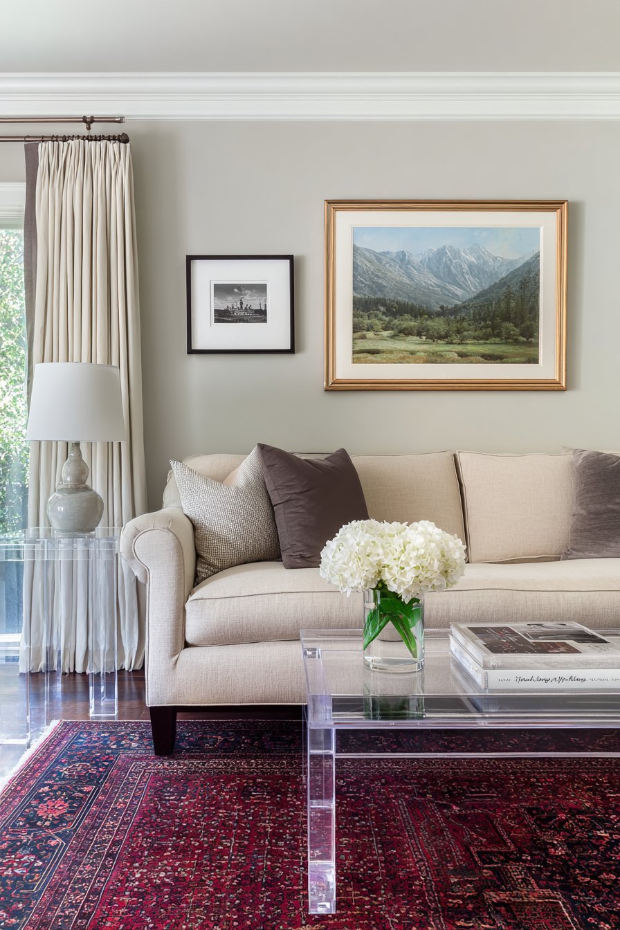 Transitional living room pairing a gilt-framed landscape with black and white photography above a linen sofa