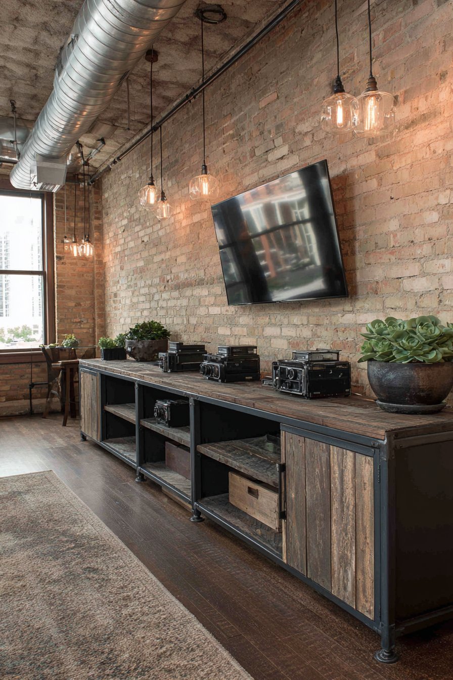Industrial black pipe and reclaimed wood shelving unit with books, vintage cameras and succulents by exposed brick
