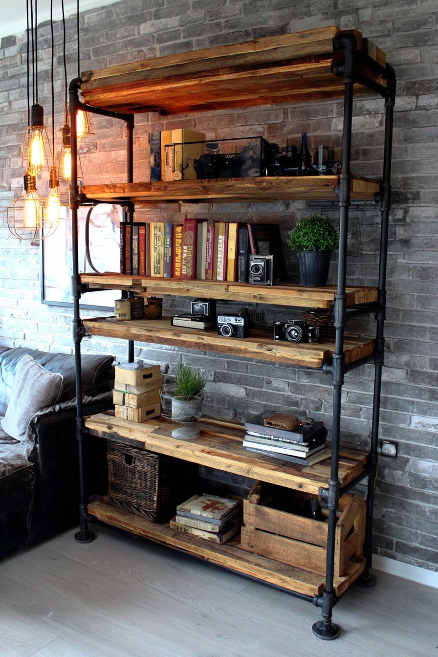 Industrial black pipe and reclaimed wood shelving unit with books, vintage cameras and succulents by exposed brick