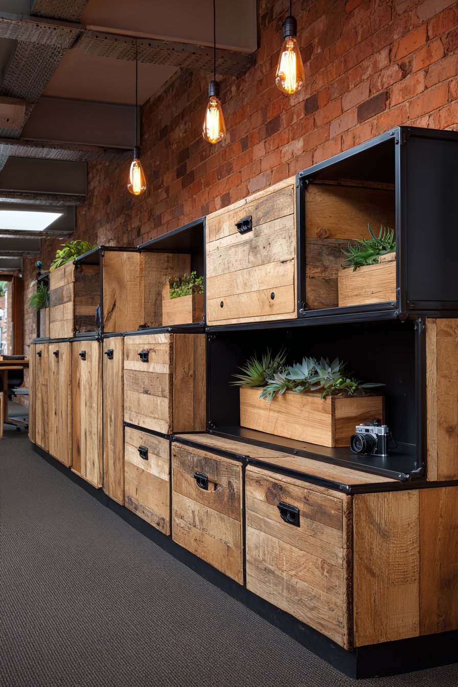 Industrial black pipe and reclaimed wood shelving unit with books, vintage cameras and succulents by exposed brick