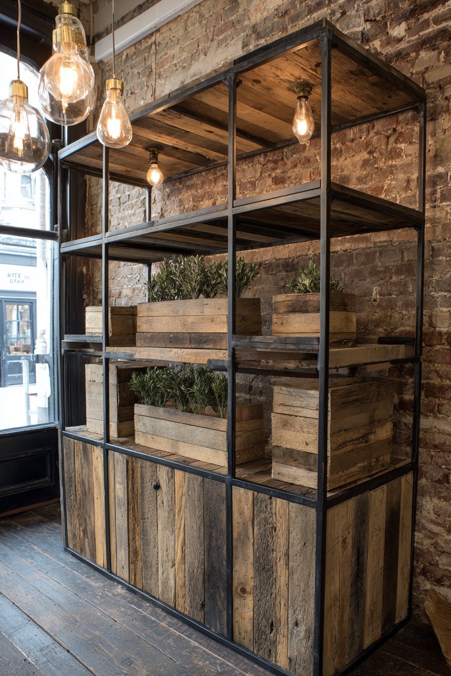Industrial black pipe and reclaimed wood shelving unit with books, vintage cameras and succulents by exposed brick