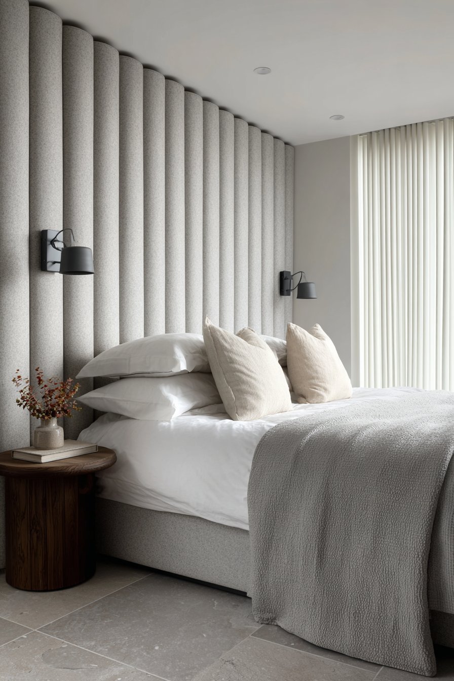 Grey wool felt headboard panel behind a platform bed with white linen, swing-arm lights and limestone tile floor