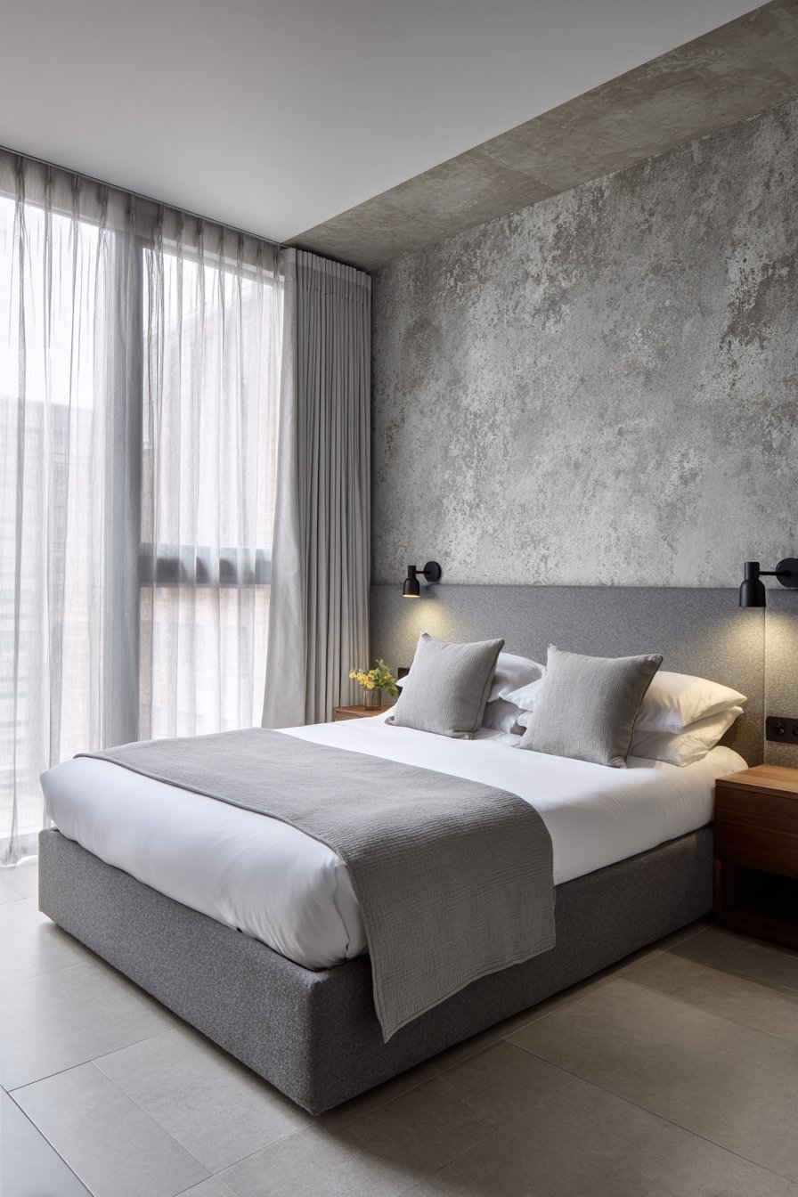 Grey wool felt headboard panel behind a platform bed with white linen, swing-arm lights and limestone tile floor