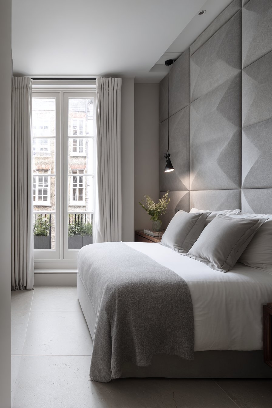 Grey wool felt headboard panel behind a platform bed with white linen, swing-arm lights and limestone tile floor