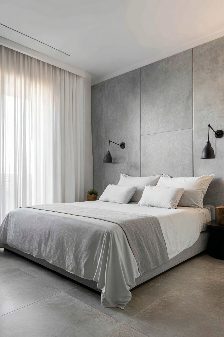 Grey wool felt headboard panel behind a platform bed with white linen, swing-arm lights and limestone tile floor