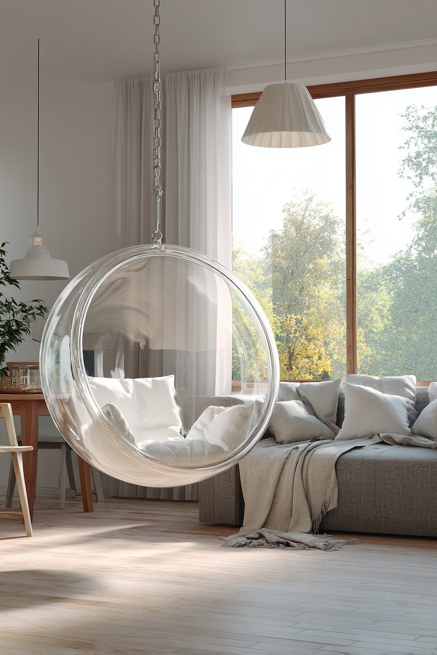 Hanging clear acrylic bubble chair with white cushions beside a window and warm grey linen sofa