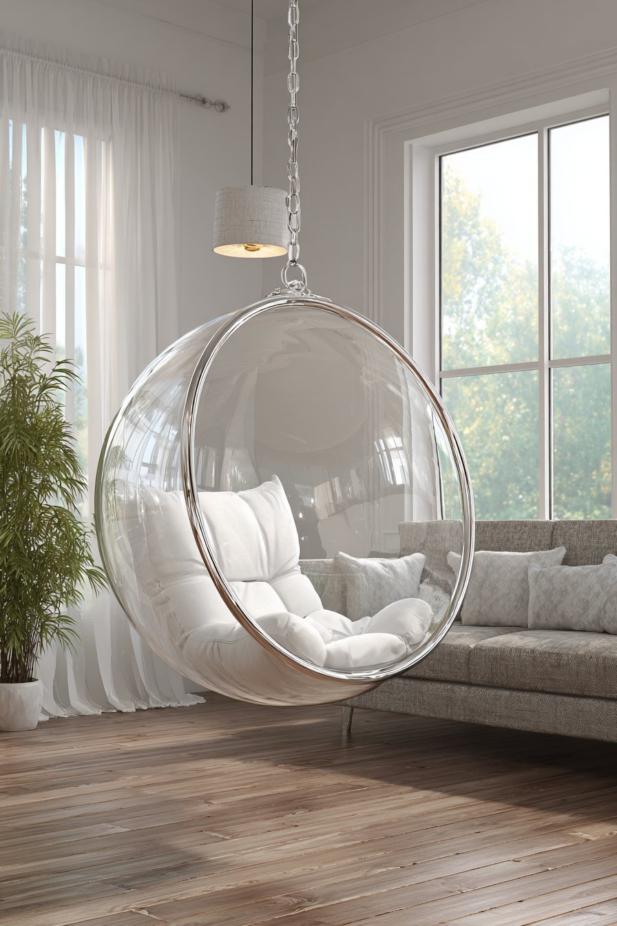 Hanging clear acrylic bubble chair with white cushions beside a window and warm grey linen sofa