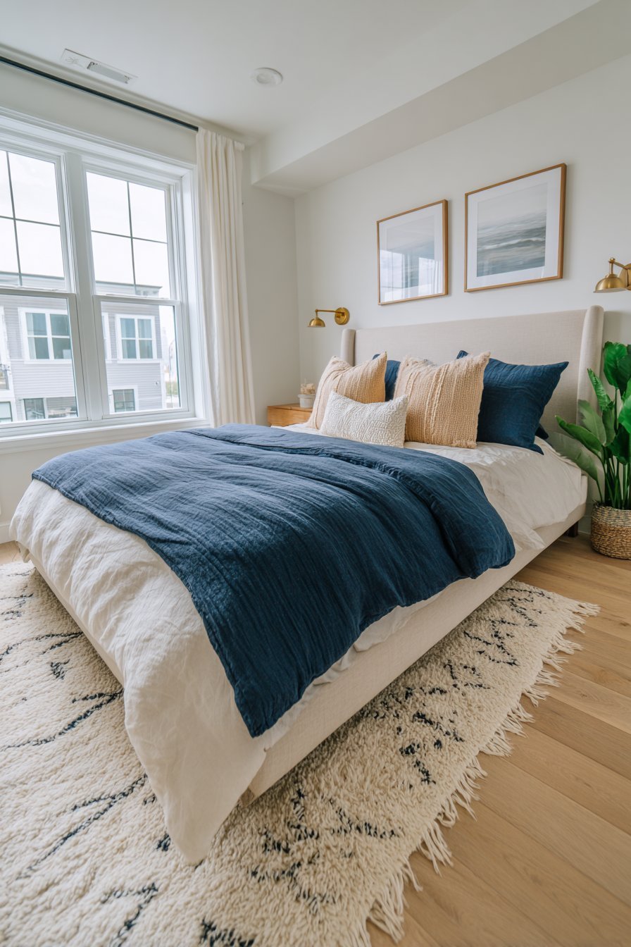 Deep navy accent wall behind a cream linen headboard with brass sconces and light oak floor