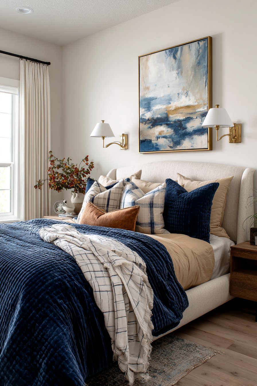 Deep navy accent wall behind a cream linen headboard with brass sconces and light oak floor