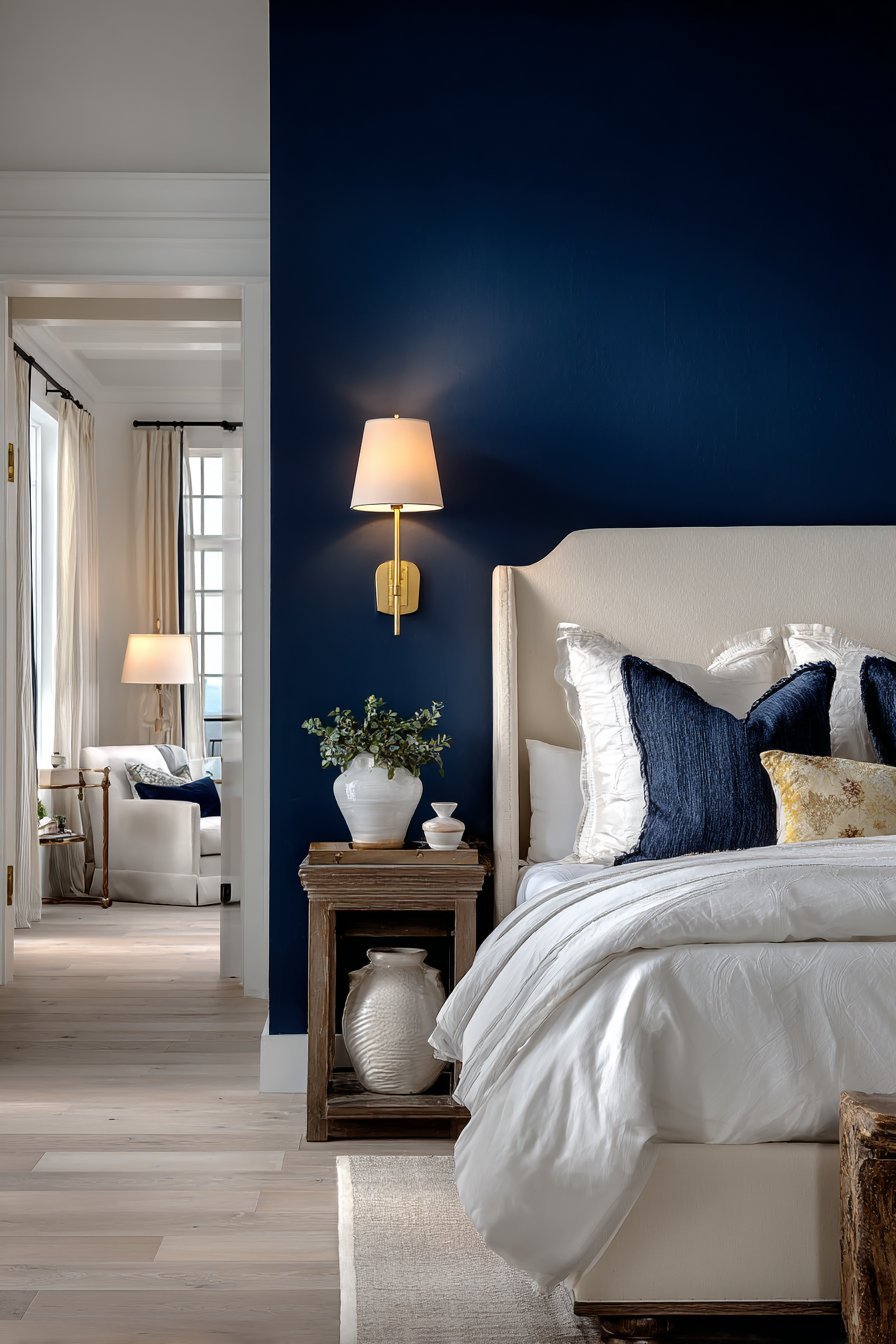 Deep navy accent wall behind a cream linen headboard with brass sconces and light oak floor