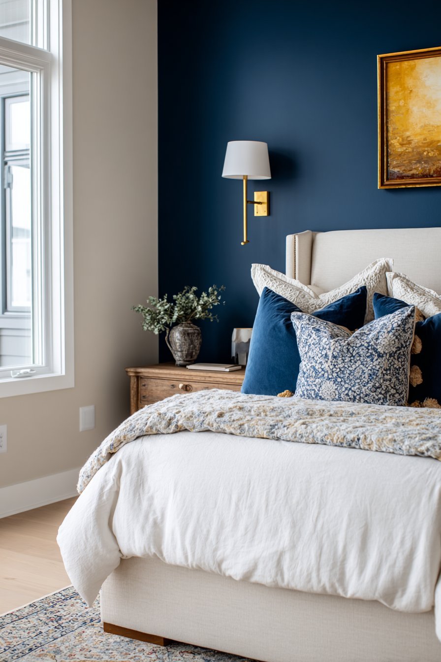 Deep navy accent wall behind a cream linen headboard with brass sconces and light oak floor
