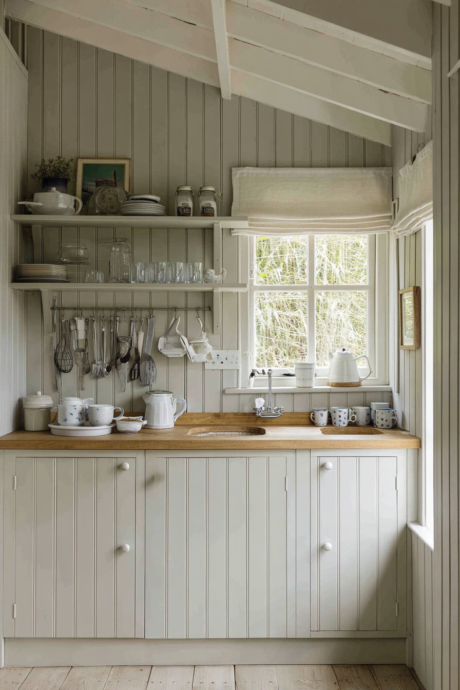 Grey pegboard wall with hanging utensils beside white shaker cabinets and butcher block counters