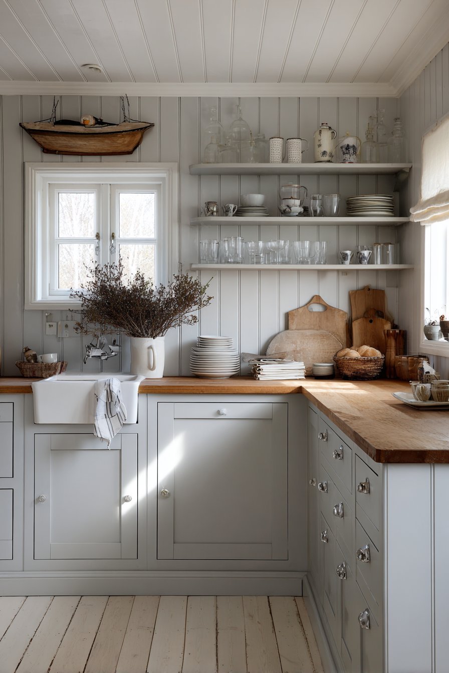 Grey pegboard wall with hanging utensils beside white shaker cabinets and butcher block counters