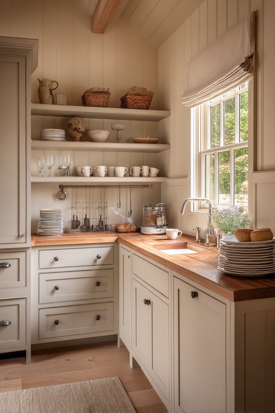 Grey pegboard wall with hanging utensils beside white shaker cabinets and butcher block counters