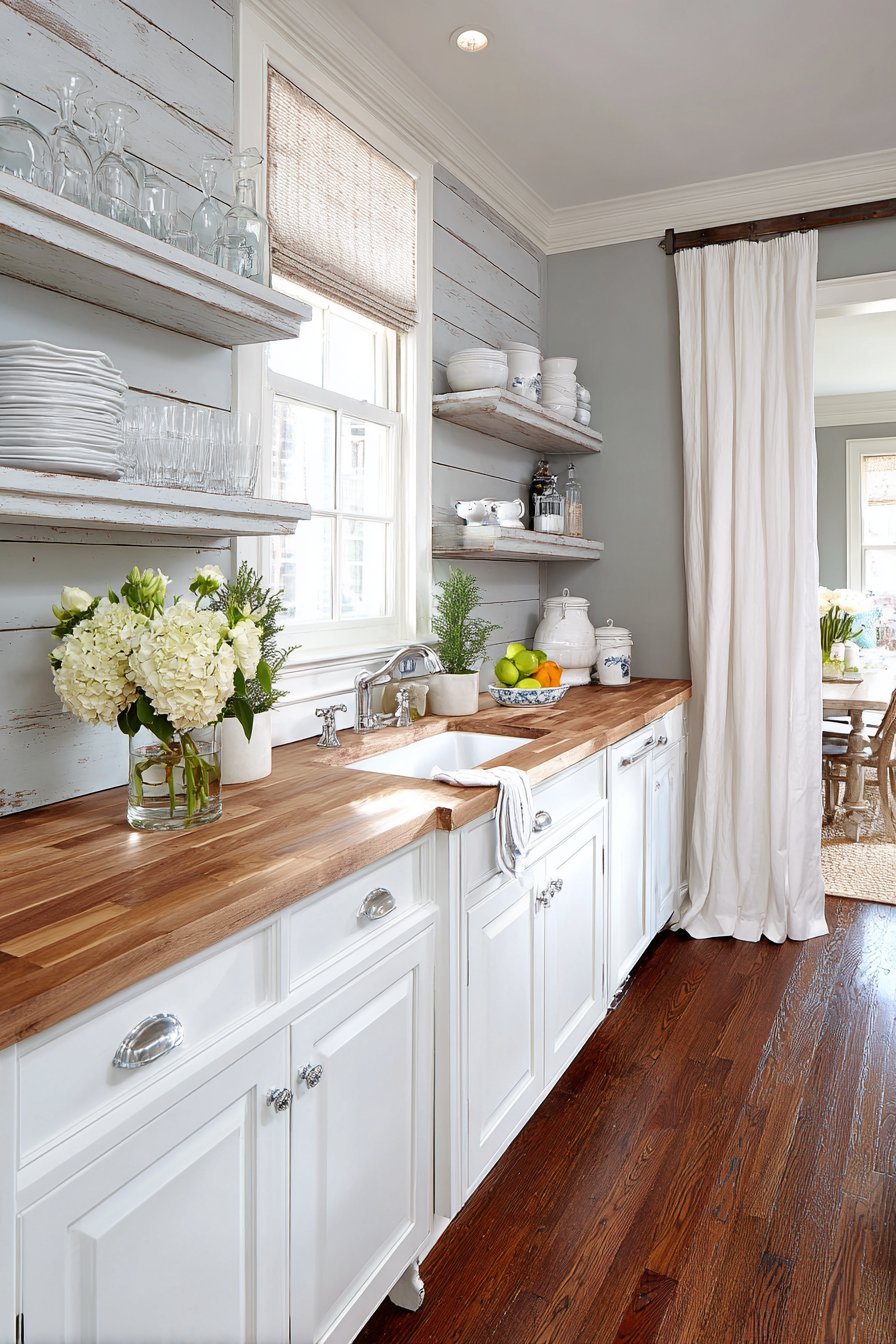 Grey pegboard wall with hanging utensils beside white shaker cabinets and butcher block counters