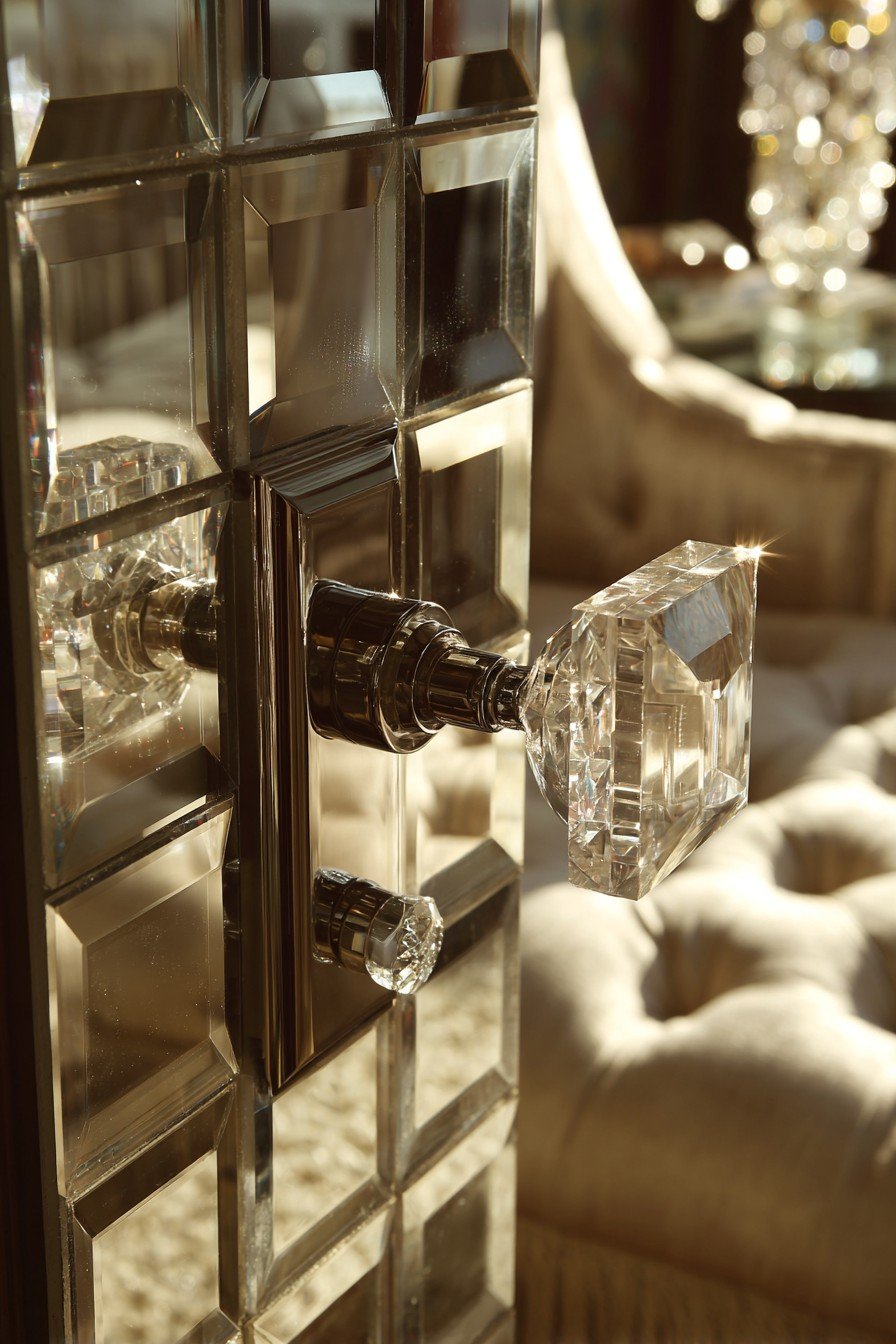 Beveled mirrored bedroom door with chrome handle and crystal knob reflecting a tufted headboard and chandelier