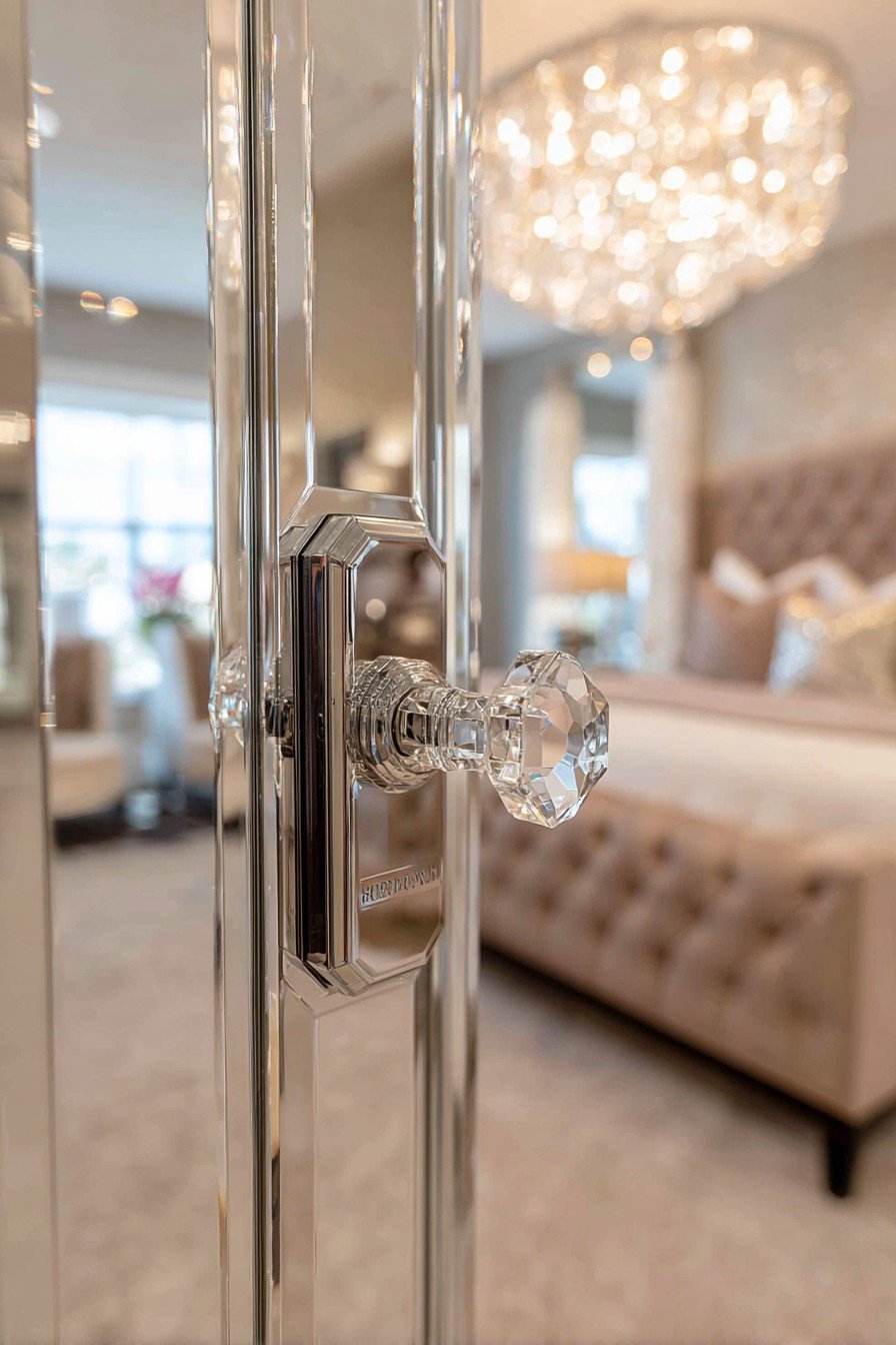 Beveled mirrored bedroom door with chrome handle and crystal knob reflecting a tufted headboard and chandelier