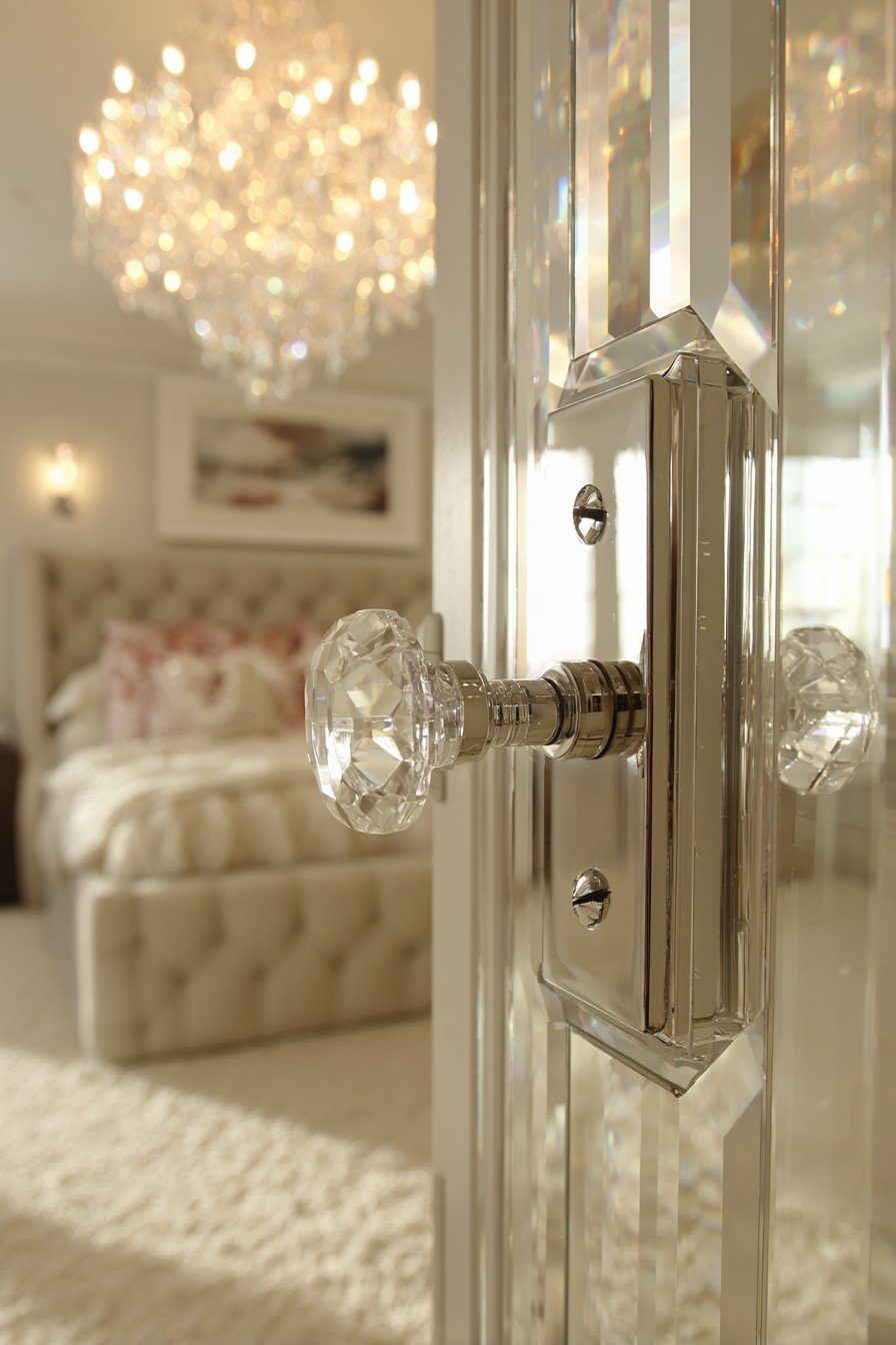Beveled mirrored bedroom door with chrome handle and crystal knob reflecting a tufted headboard and chandelier