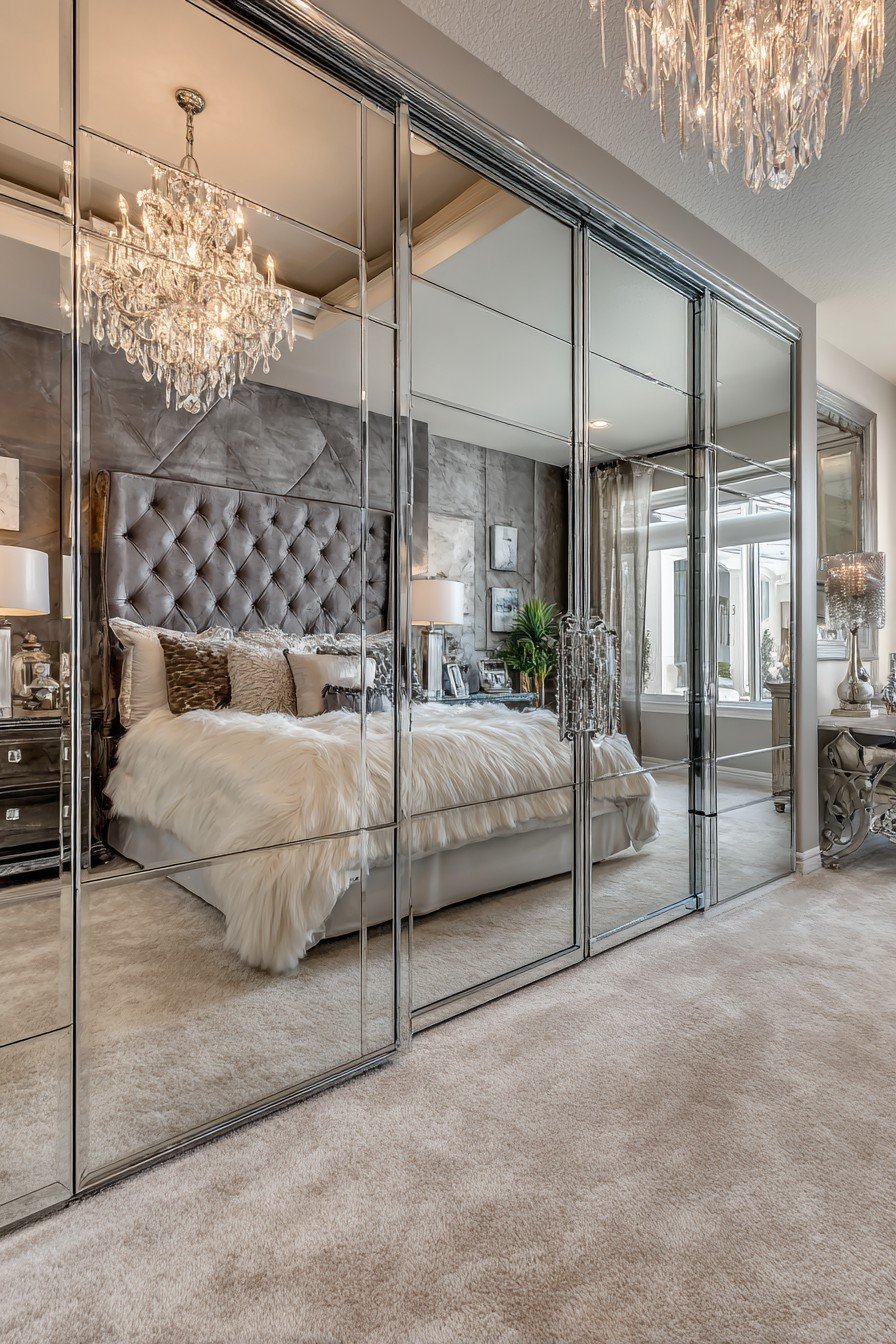 Beveled mirrored bedroom door with chrome handle and crystal knob reflecting a tufted headboard and chandelier