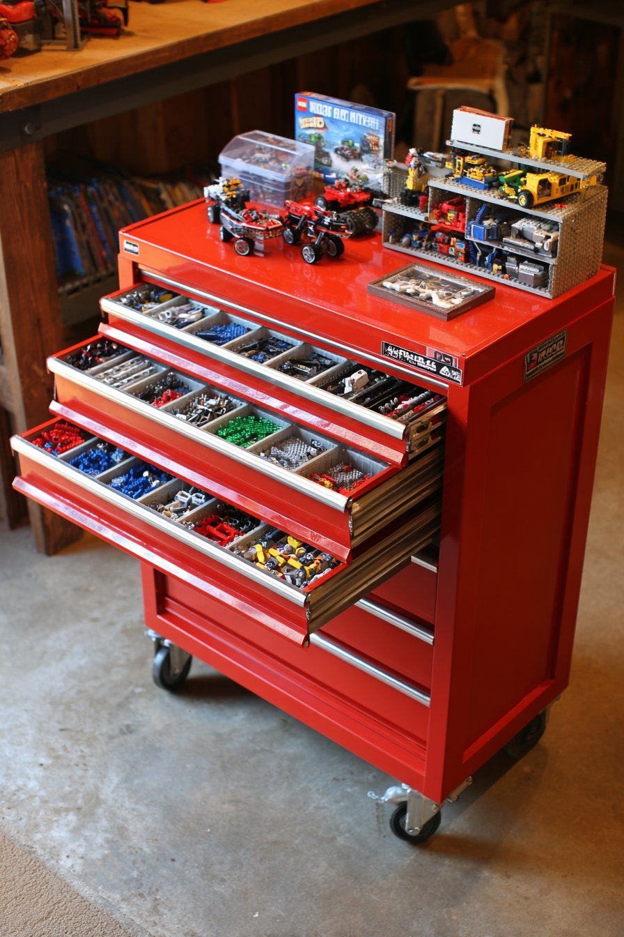 Red rolling tool chest with drawers of divided Lego trays and a work surface top in a garage workspace