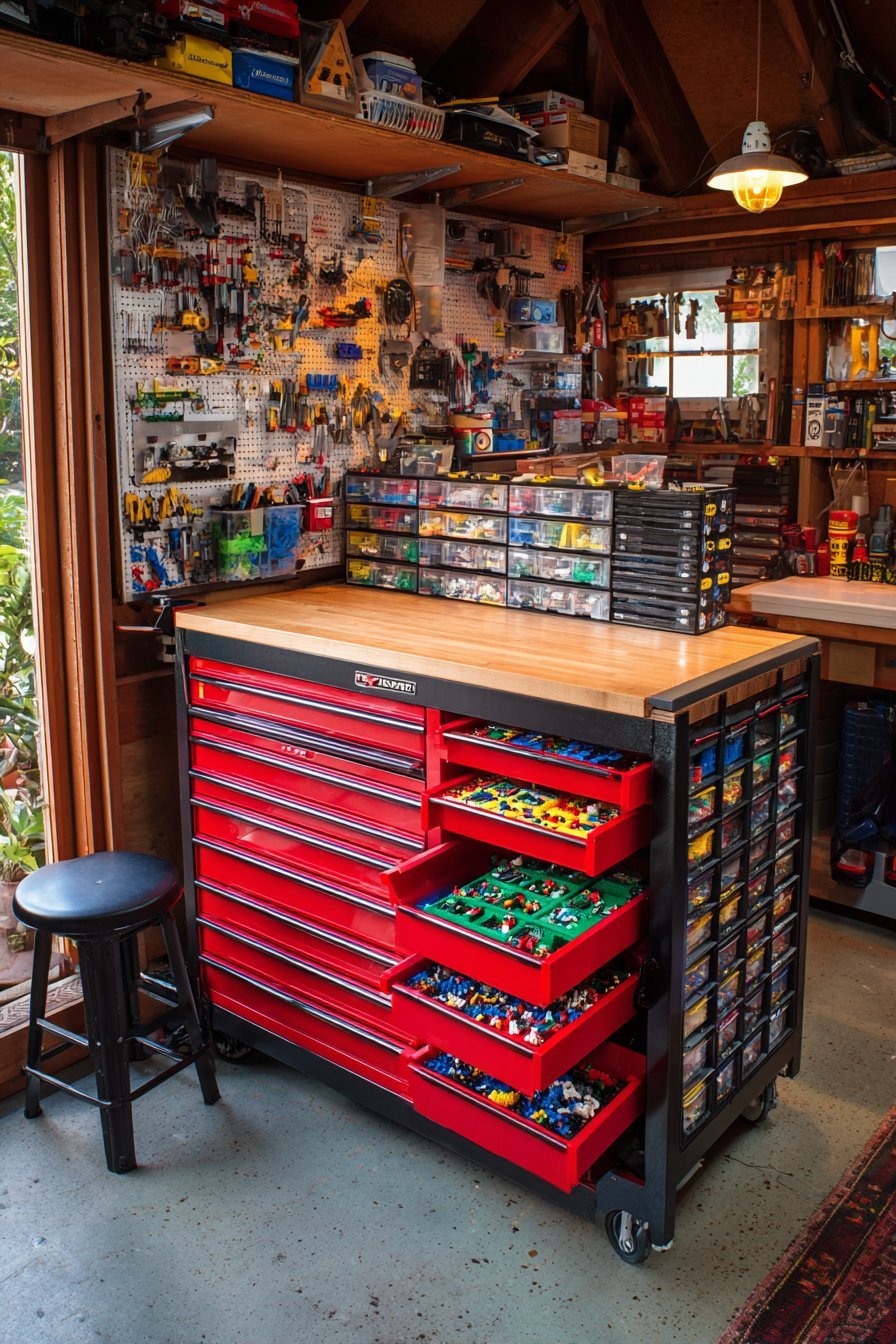 Red rolling tool chest with drawers of divided Lego trays and a work surface top in a garage workspace