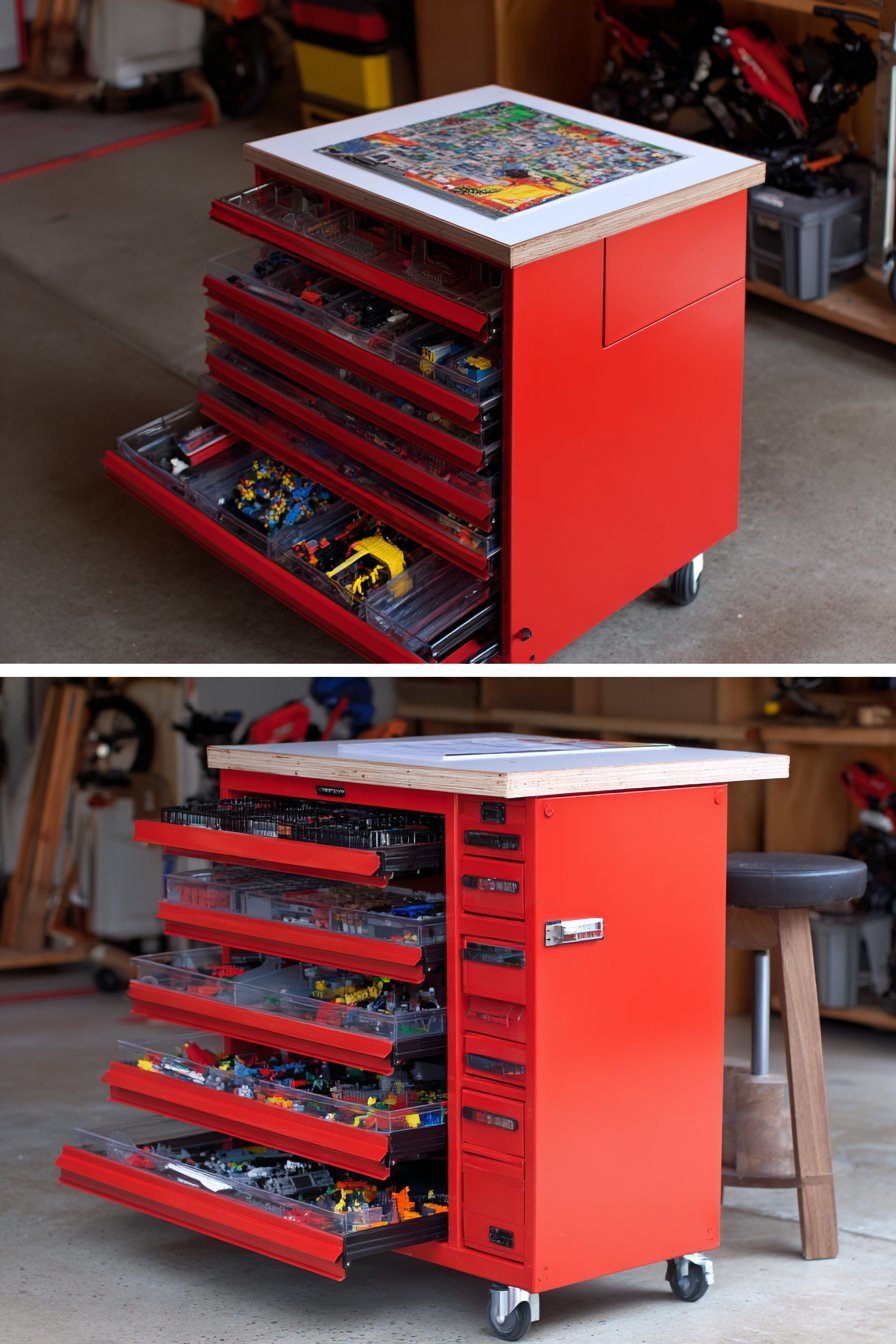 Red rolling tool chest with drawers of divided Lego trays and a work surface top in a garage workspace