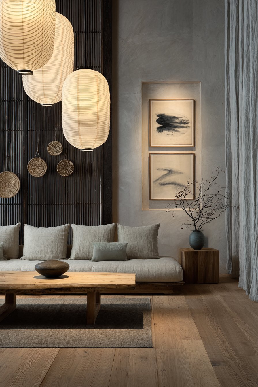 Japandi living room with wall niche ikebana, ink brush paintings, tatami-style mats and paper lantern pendants