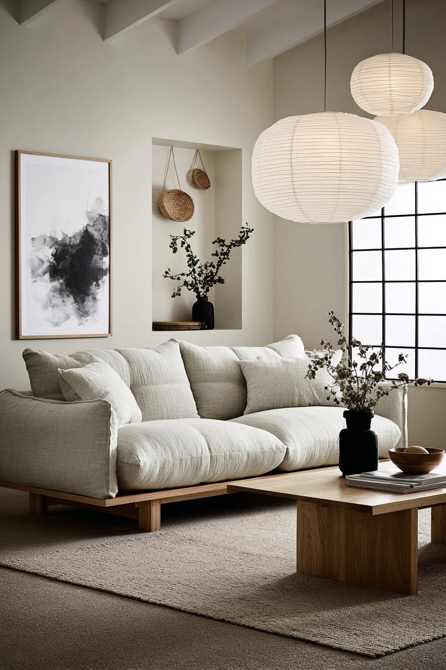 Japandi living room with wall niche ikebana, ink brush paintings, tatami-style mats and paper lantern pendants
