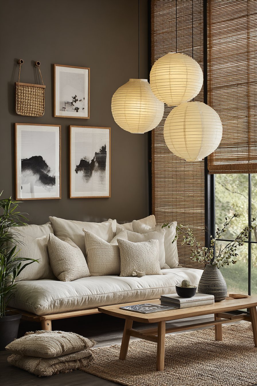 Japandi living room with wall niche ikebana, ink brush paintings, tatami-style mats and paper lantern pendants