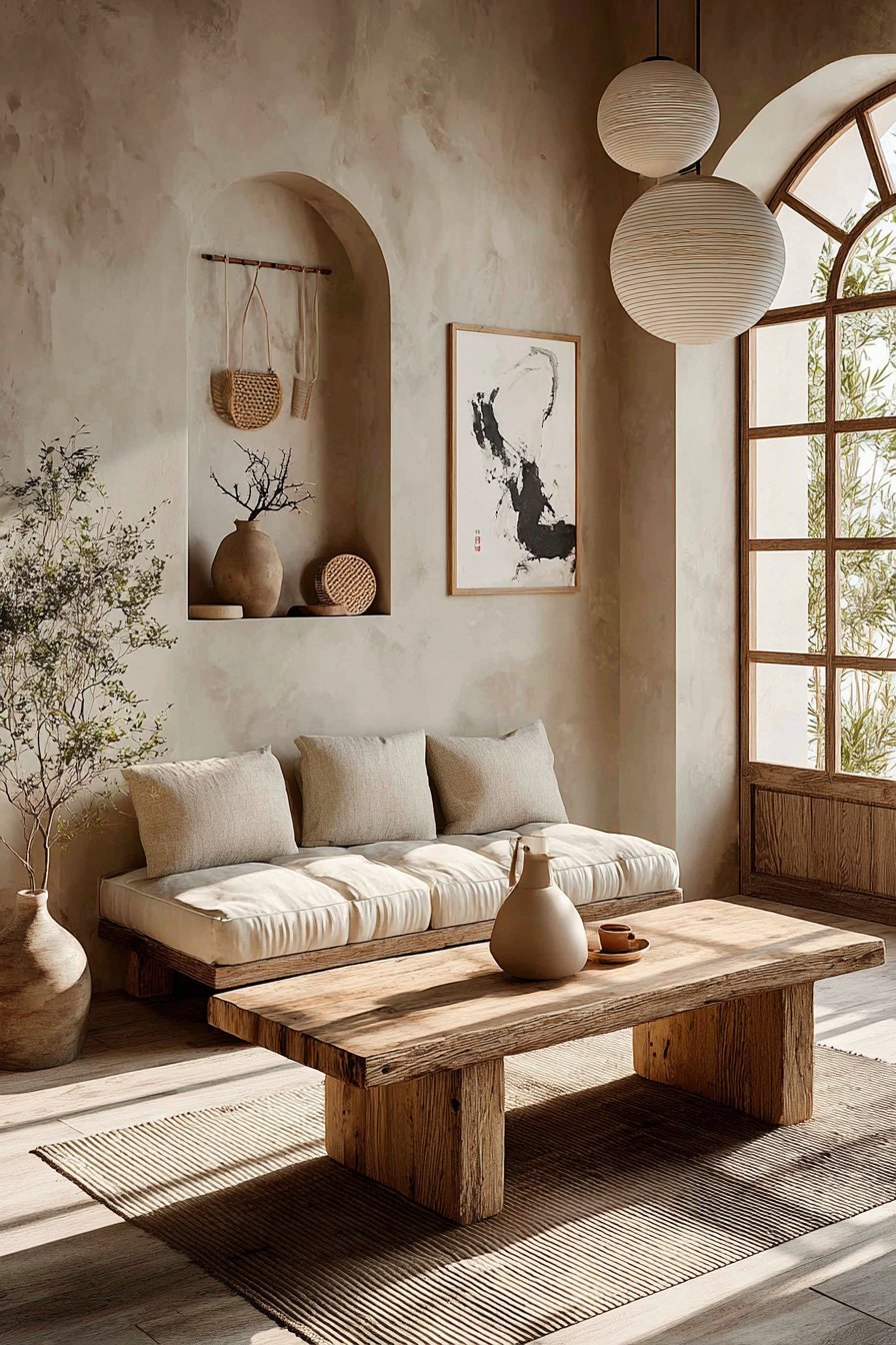 Japandi living room with wall niche ikebana, ink brush paintings, tatami-style mats and paper lantern pendants