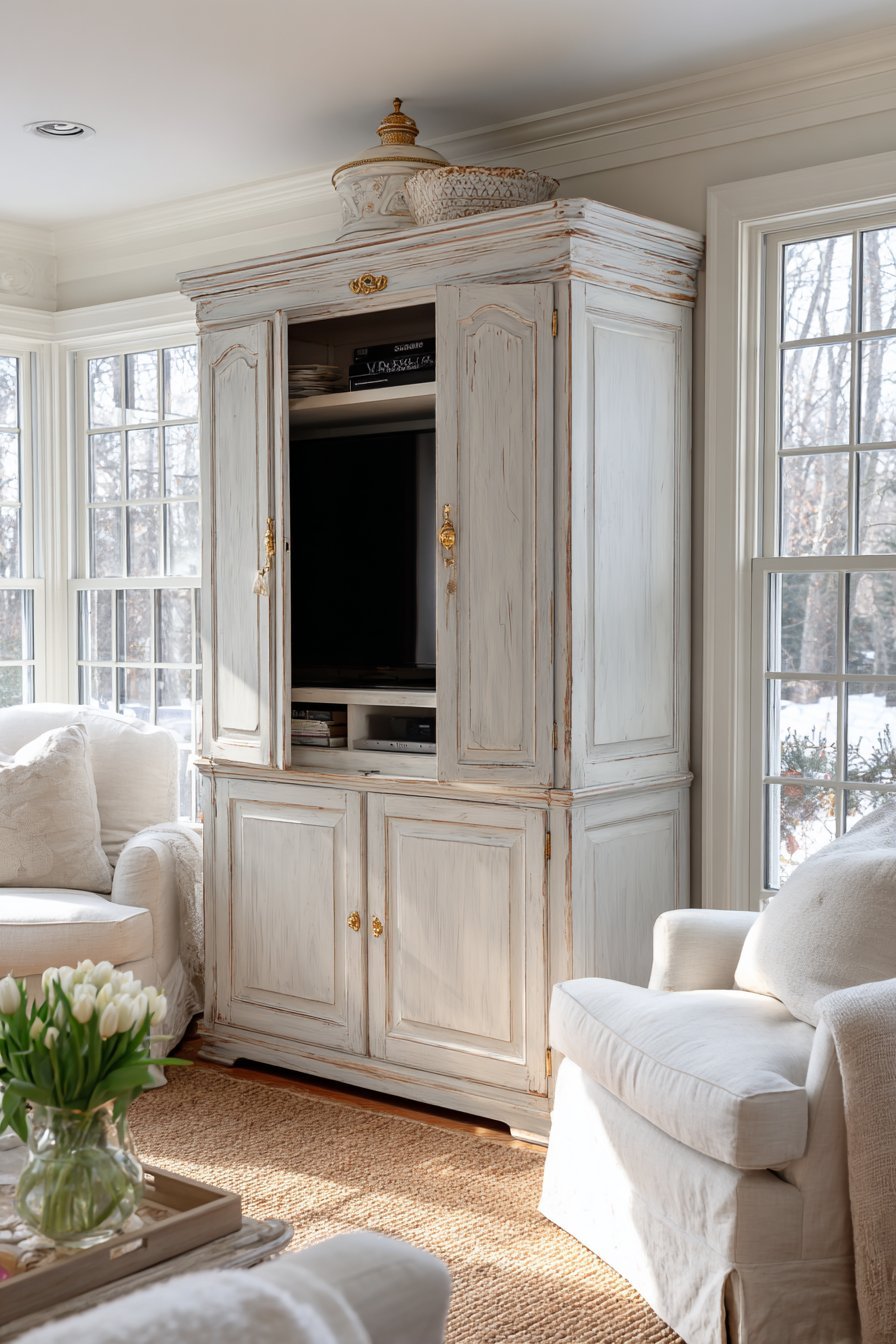 Dove grey distressed antique armoire with brass hardware, shelves inside, flanked by linen chairs on a sisal rug