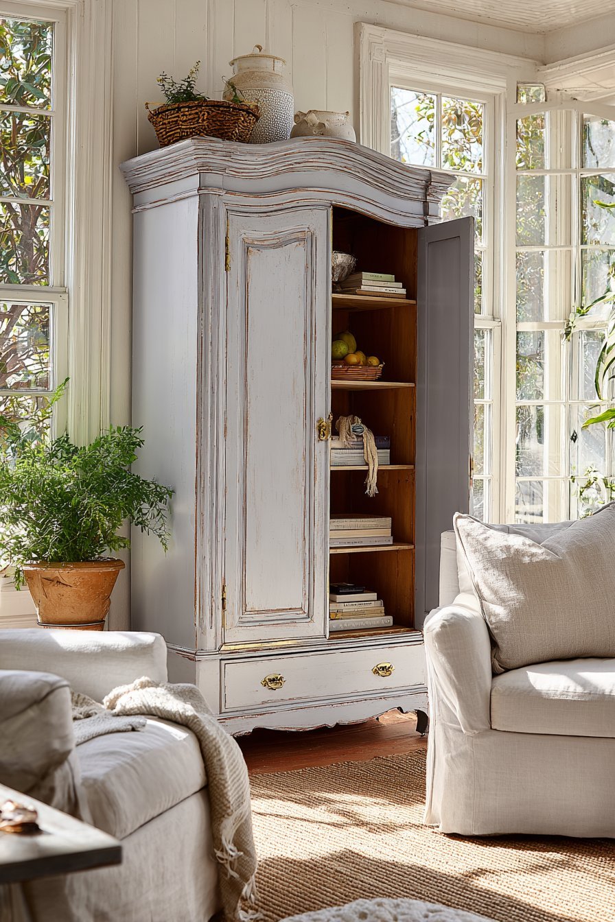 Dove grey distressed antique armoire with brass hardware, shelves inside, flanked by linen chairs on a sisal rug