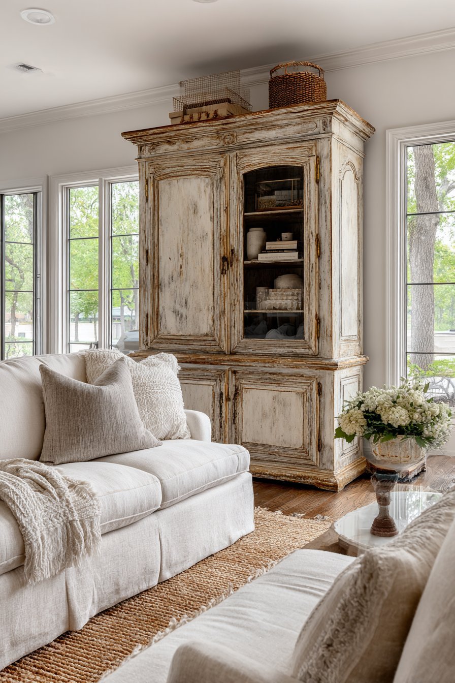 Dove grey distressed antique armoire with brass hardware, shelves inside, flanked by linen chairs on a sisal rug