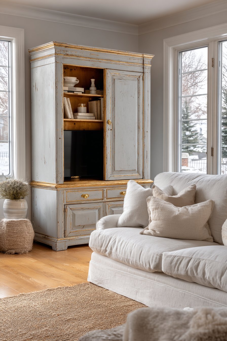 Dove grey distressed antique armoire with brass hardware, shelves inside, flanked by linen chairs on a sisal rug