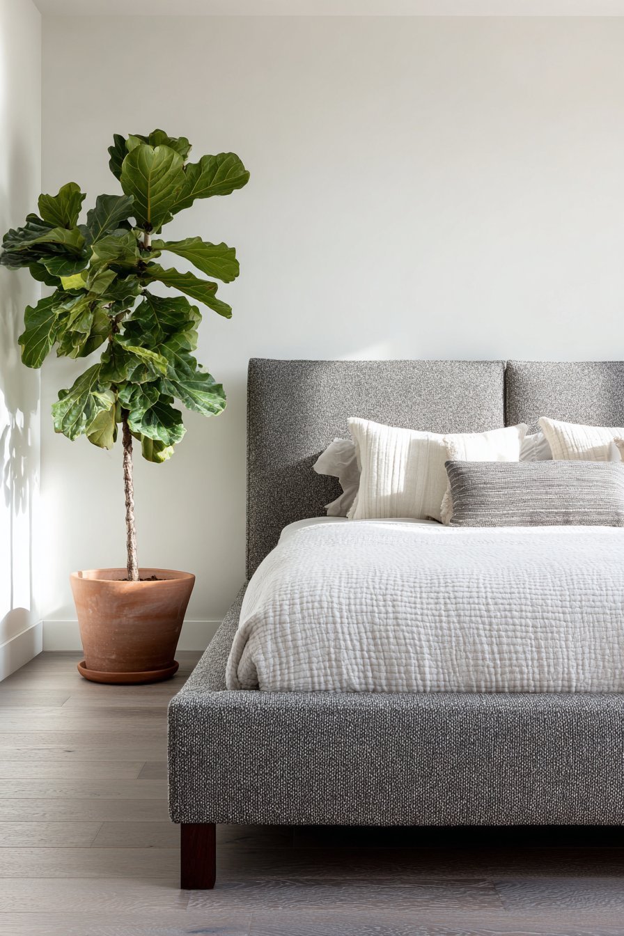 Charcoal bouclé upholstered bed with walnut legs, white matelassé coverlet and large fiddle leaf fig in a terracotta pot