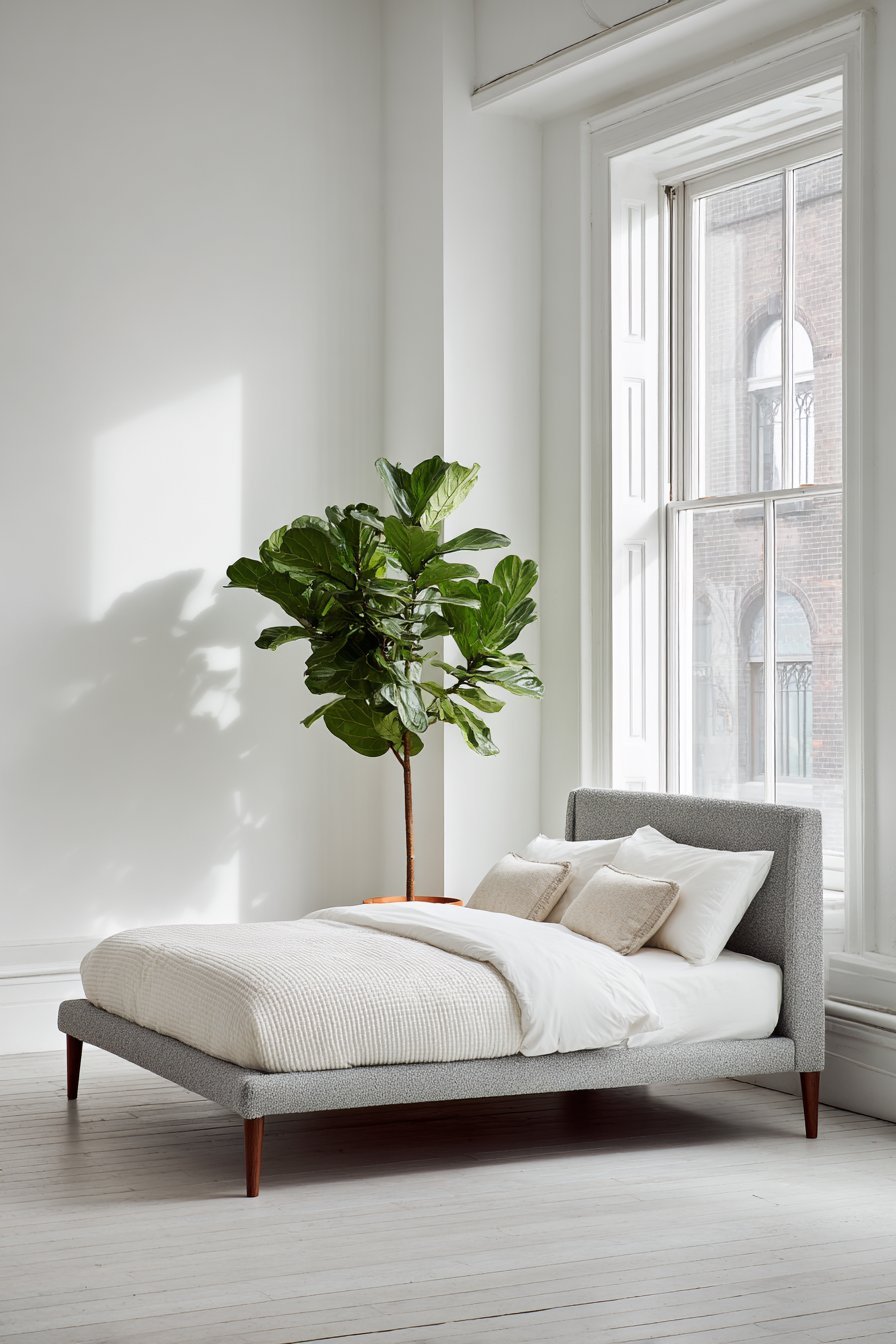 Charcoal bouclé upholstered bed with walnut legs, white matelassé coverlet and large fiddle leaf fig in a terracotta pot
